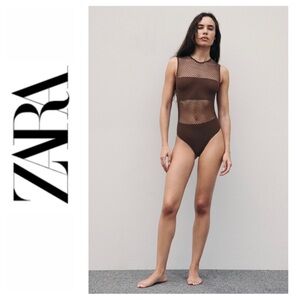 NWT Zara Brown Limitless Contour Collection Net Seamless Sleeveless Bodysuit, XS
